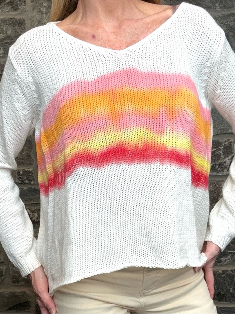 Lightweight White Knit Sweater with Sunset Colors from Wooden Ships size S/M